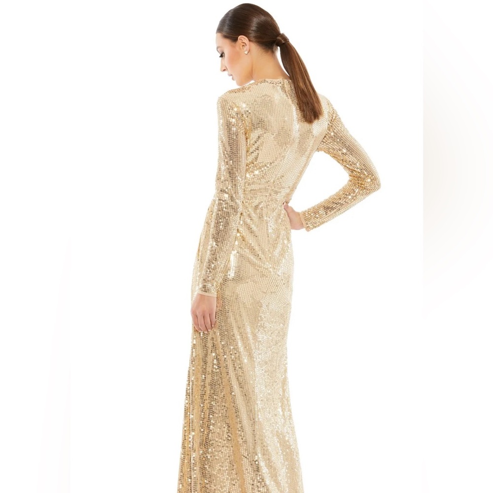 NWT $598 MAC DUGGAL GOLD SEQUINED HIGH NECK LONG SLEEVE DRAPED GOWN DRESS 10824 - Picture 3 of 7
